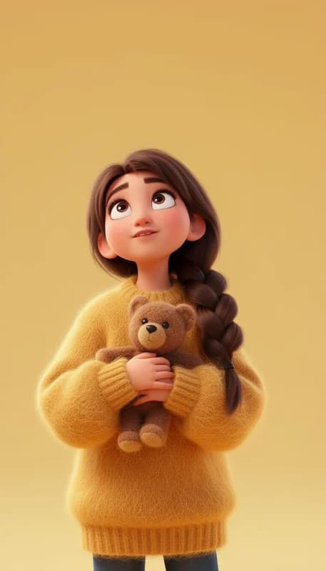 Golden Glow: Cozy 3D Girl & Teddy Bear Wallpaper - portrait wallpaper (768×1344)